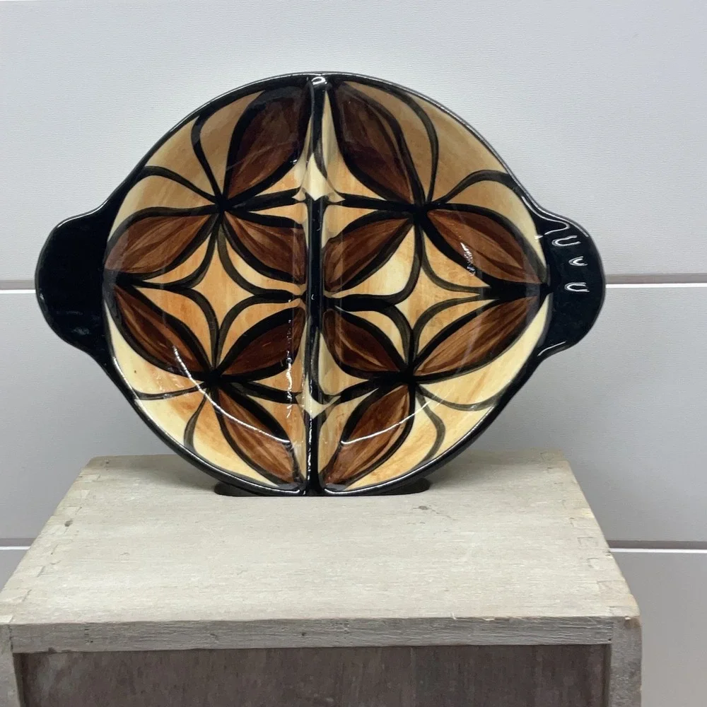 Manureva Tahiti Hand Painted Ceramic Divided Serving Dish Floral Brown Tan Black